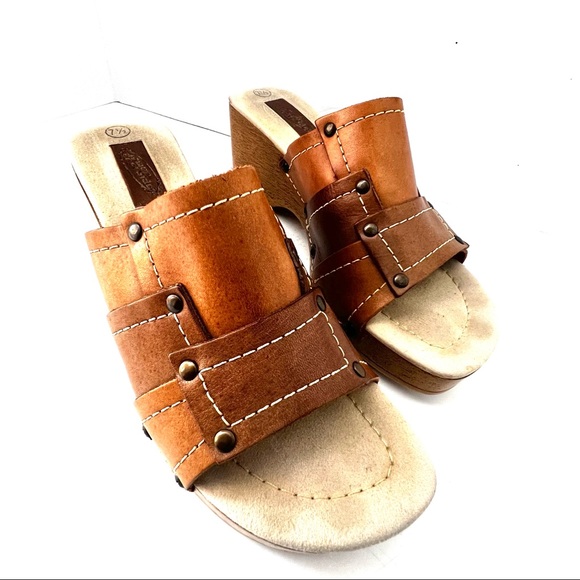 Vintage Platform Sandals Slides Genuine Leather Patchwork Y2K Mules Size 7.5 - Picture 3 of 10